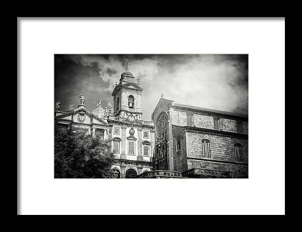 Porto Framed Print featuring the photograph Historic Churches of Porto Portugal Black and White by Carol Japp