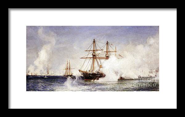 Hms Framed Print featuring the painting Hms Condor During The Bombing Of Alexandria Egypt, July 11, 1882 by William Lionel Wyllie