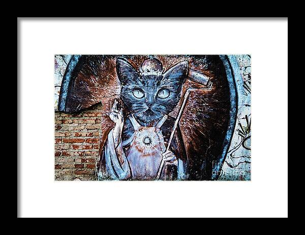 Mural Framed Print featuring the photograph Holy cat, wall painting in Bariloche, Argentina by Lyl Dil Creations