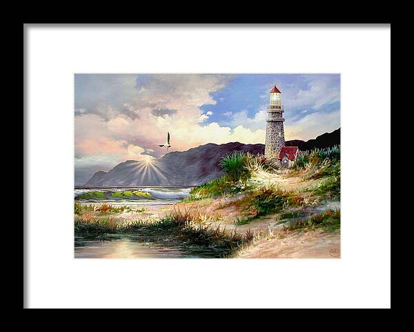 View Home For Night Breakers Seaside Lighthouse Light House Cottage Ocean Sea Sunset Penmon Last Day Ron Chambers Ronald Rkc Sunrise Beacon Harbor First Water Framed Print featuring the painting Home for the Night by Ron Chambers
