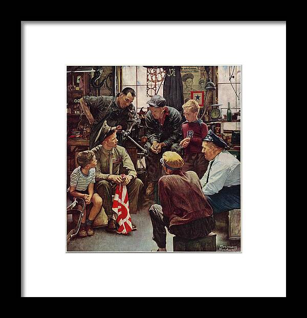 Flags Framed Print featuring the drawing Homecoming Marine by Norman Rockwell