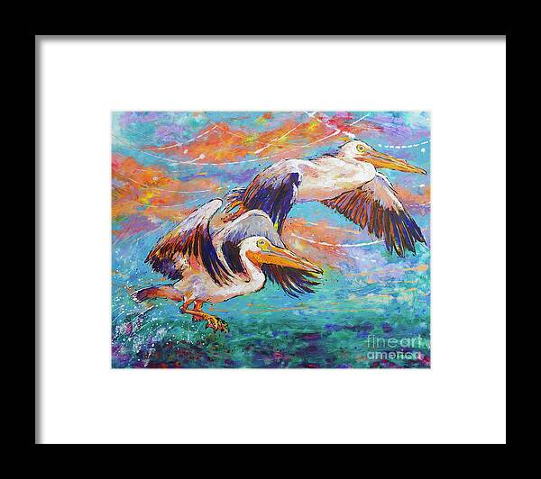  Framed Print featuring the painting Homeward Bound Pelicans by Jyotika Shroff