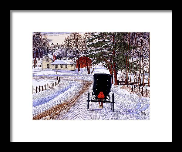 A Horse And Carriage Headed Down The Road To Home Framed Print featuring the painting Homeward Bound by Thelma Winter