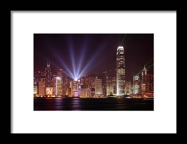 Chinese Culture Framed Print featuring the photograph Hong Kong Skyline At Night With Bright by Samxmeg