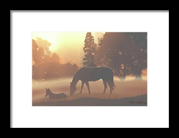 Horses Framed Print featuring the digital art Horses in the Morning Fog by Kathie Miller