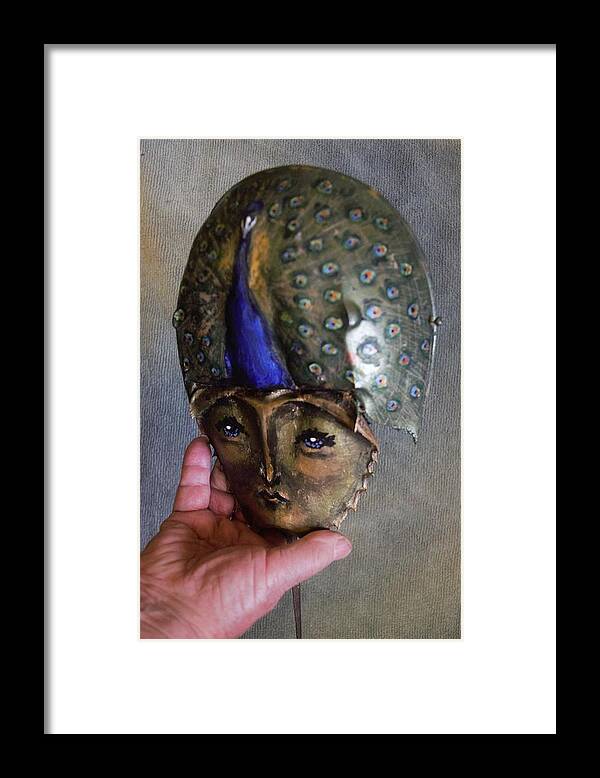 Horseshoe Crab Framed Print featuring the mixed media Horseshoe Crab Mask Wall Piece by Roger Swezey