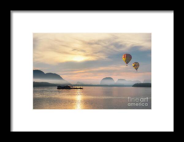 Tranquility Framed Print featuring the photograph Hot Air Balloons On The Beach by Tumjang