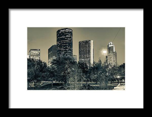 America Framed Print featuring the photograph Houston Skyscrapers Along the Buffalo Bayou - Sepia Edition by Gregory Ballos