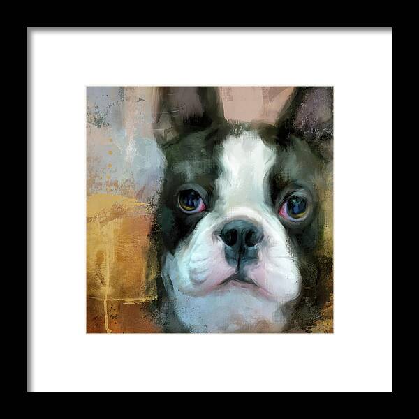 Colorful Framed Print featuring the painting I Adore You Boston Terrier Art by Jai Johnson
