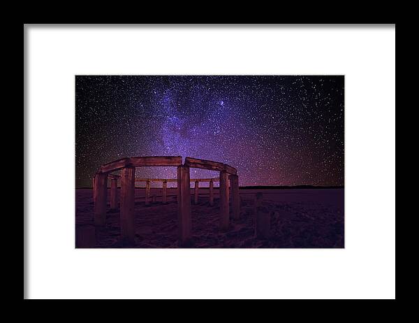 Icehenge Stonehenge Ice Crystal Translucent Mystical Mythical Ancient Sorcerer Druid Celt Solstice Lake Ice Wi Wisconsin Astroscape Nightscape Stars Milky Way Orion Winter Snow Purple Magic Astronomy Nebula Pleiades Framed Print featuring the photograph IceHenge #4 - Stonehenge made of ICE on Rock Lake at Lake Mills WI - astroscape by Peter Herman