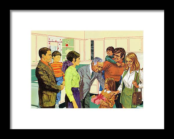 Boy Framed Print featuring the drawing Illustration of family meeting with girl holding gift by CSA Images