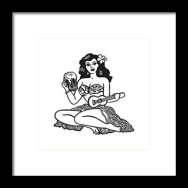 Alcohol Framed Print featuring the drawing Illustration of Hawaiian woman holding beer and ukulele by CSA Images