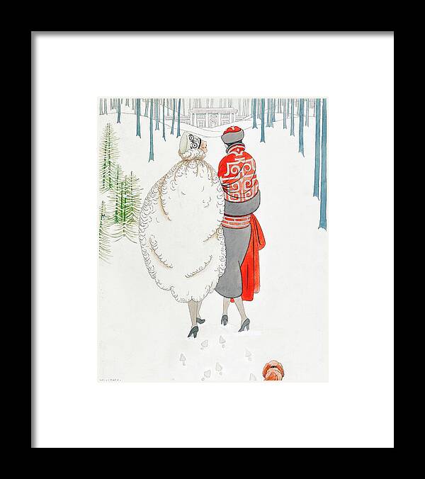 #new2022vogue Framed Print featuring the painting Illustration Of Women Walking Through Snowy Woods by Harriet Meserole
