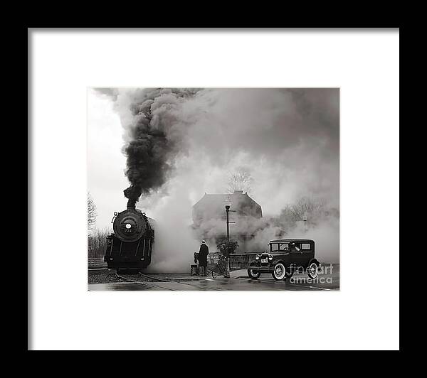 Vintage Framed Print featuring the photograph Image Of Steam Locomotive And Model A Ford At Intersection by Retrographs