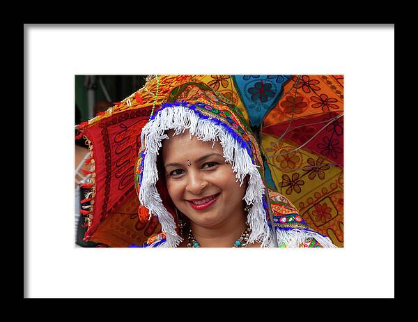 India Day Nyc 8_18_2019 Framed Print featuring the photograph India Day NYC 8_18_2019 Young Woman in Traditional Punjab Attire by Robert Ullmann