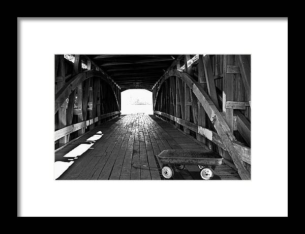 Covered Bridge Framed Print featuring the photograph Indiana Covered Bridge With Red Wagon by Larry Butterworth