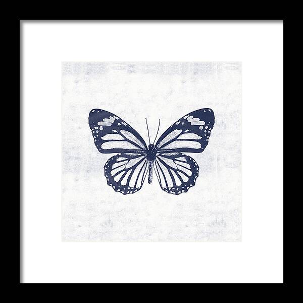 Butterfly Framed Print featuring the mixed media Indigo and White Butterfly 3- Art by Linda Woods by Linda Woods