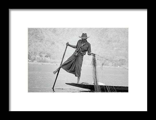 Black And White Photography Framed Print featuring the photograph Inle Lake Fisherman BYW by Mache Del Campo