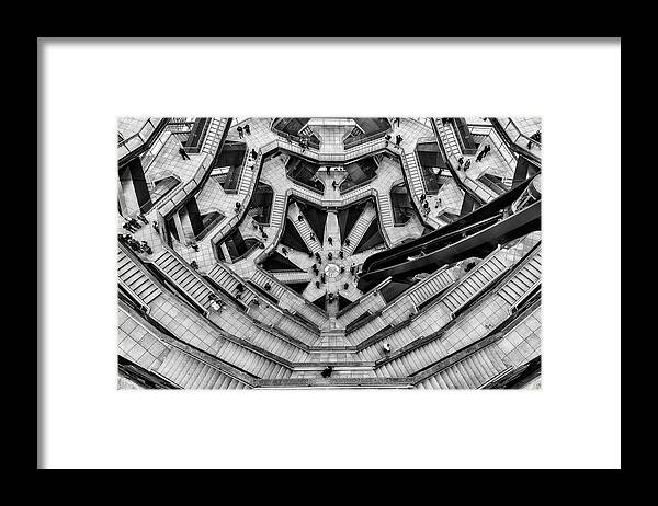 Hudson Yards Framed Print featuring the photograph Inside the Hudson Yards Vessel NYC II BW by Susan Candelario