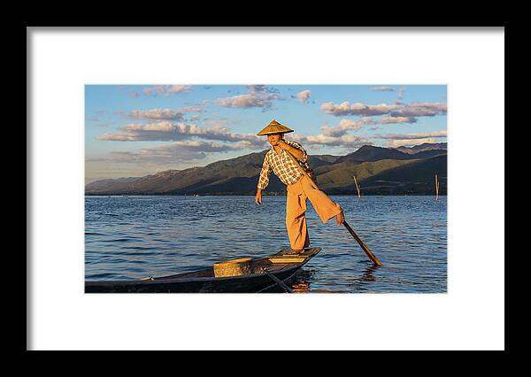 Fisherman Framed Print featuring the photograph Intha fisherman on Lake Inle in Myanmar by Ann Moore