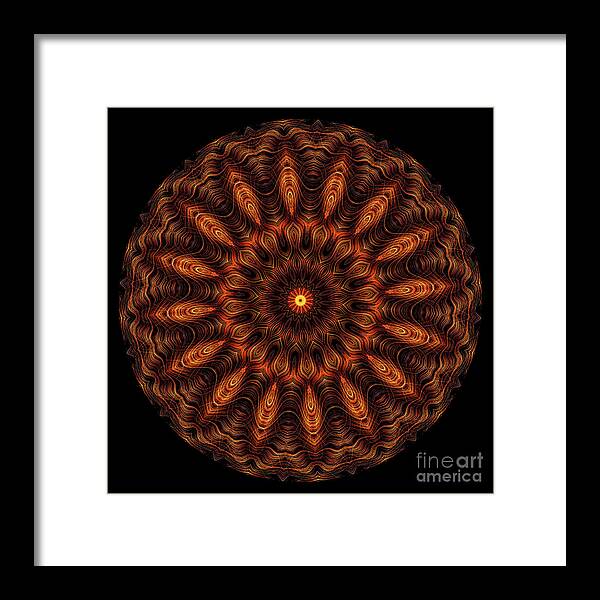 3 Dimensional Framed Print featuring the digital art Intricate 13 orange, red and yellow mandala kaleidoscope by Amy Cicconi