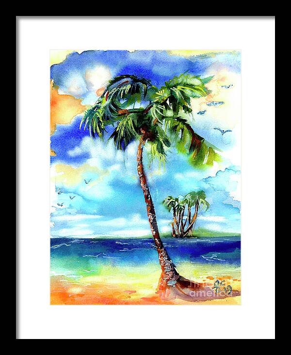 Island Paradise Framed Print featuring the painting Island Solitude Palm Tree and Sunny Beach by Ginette Callaway