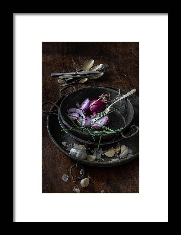 Estock Framed Print featuring the digital art Italy, Tuscany, Close Up Of Onion, Garlic And Vintage Cutlery by Guido Cozzi