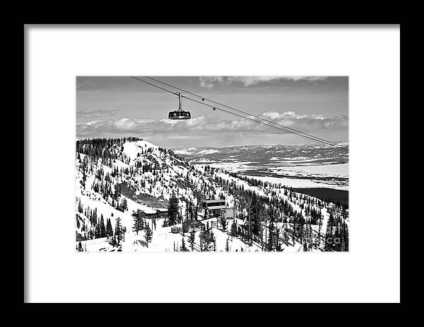 Jackson Hole Framed Print featuring the photograph Jackson Hole Big Red Tram In The Tetons Black And White by Adam Jewell