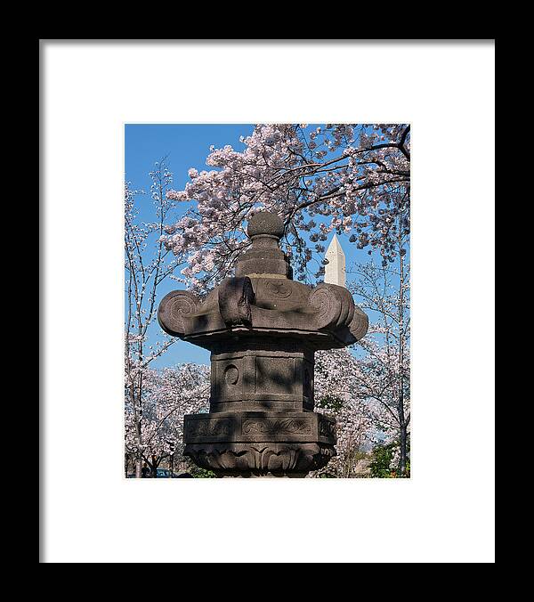 Washington D.c. Framed Print featuring the photograph Japanese Stone Lantern and the Washington Monument DS057 by Gerry Gantt