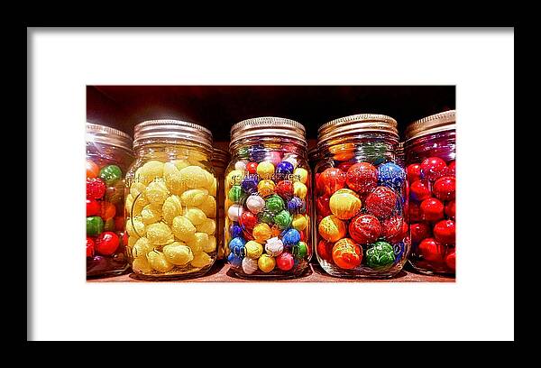 Colorful Candy In Mason Jars. Red Jaw Breakers Candy Framed Print featuring the photograph Jaw Breakers by Joan Reese