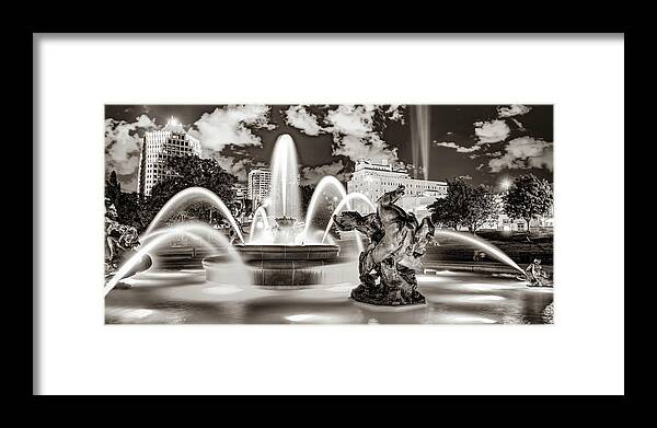 America Framed Print featuring the photograph J.C. Nichols Memorial Fountain and Statues Panorama - Kansas City Plaza in Sepia by Gregory Ballos