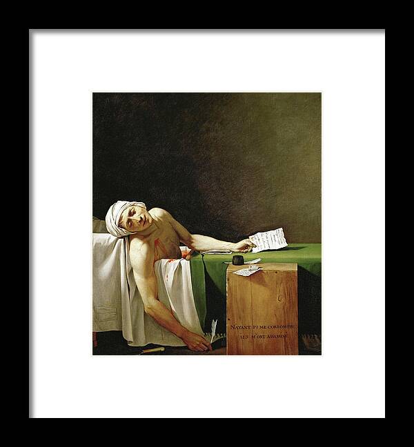 Jean Paul Marat, in his bathtub, assassinated by Charlotte Corday in 1793. Framed Print by Jacques Louis David -