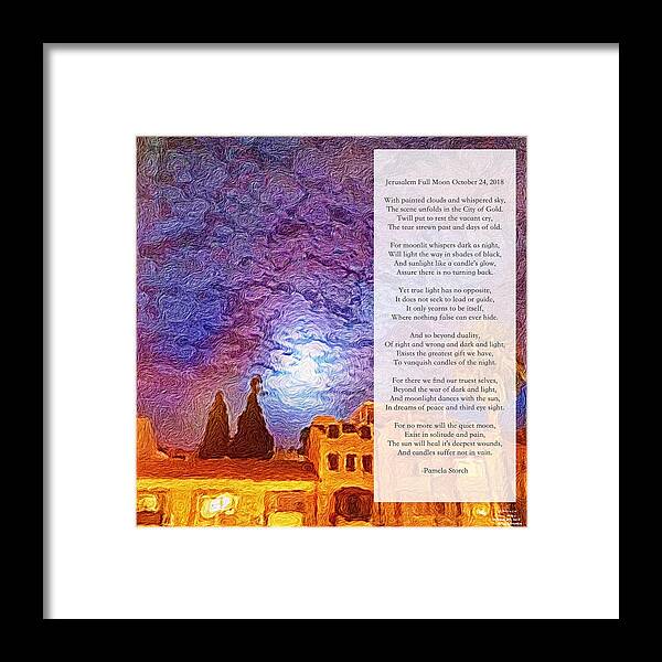 Pamela Storch Framed Print featuring the digital art Jerusalem Full Moon October 24, 2018 Poem by Pamela Storch