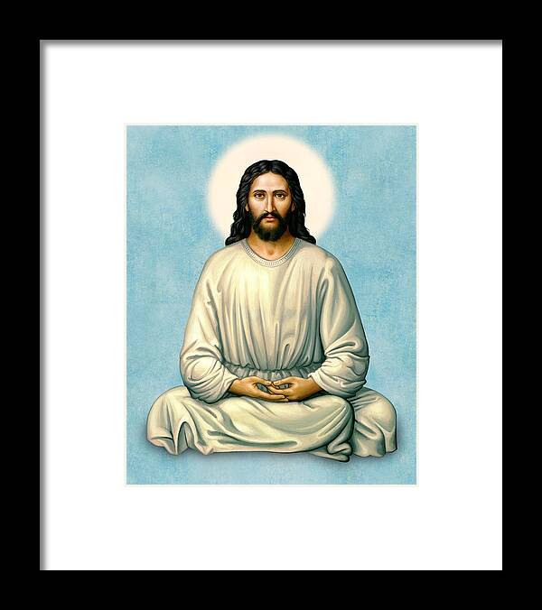 Jesus Framed Print featuring the painting Jesus Meditating - The Christ of India - on Blue by Sacred Visions