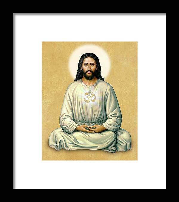 Jesus Framed Print featuring the painting Jesus Meditating - The Christ Of India - on Gold with OM by Sacred Visions