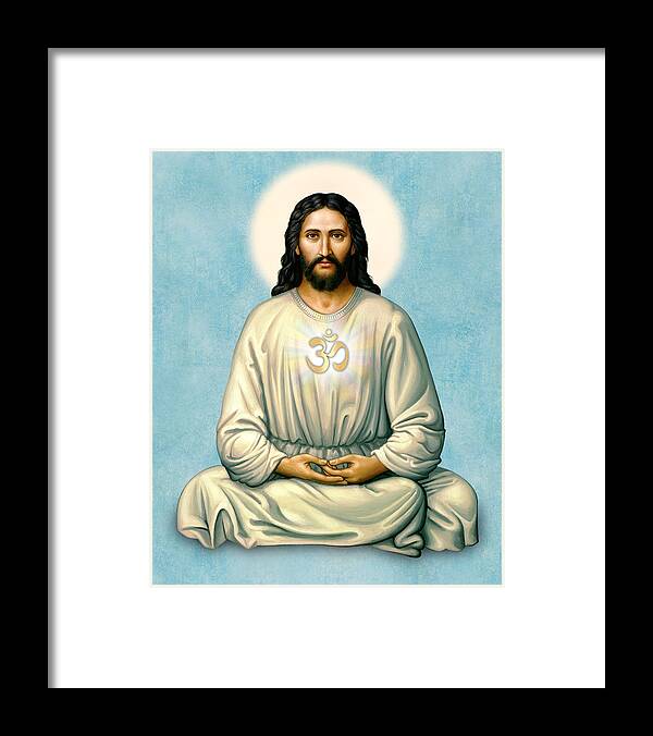 Jesus Framed Print featuring the painting Jesus Meditating with OM on Blue by Sacred Visions