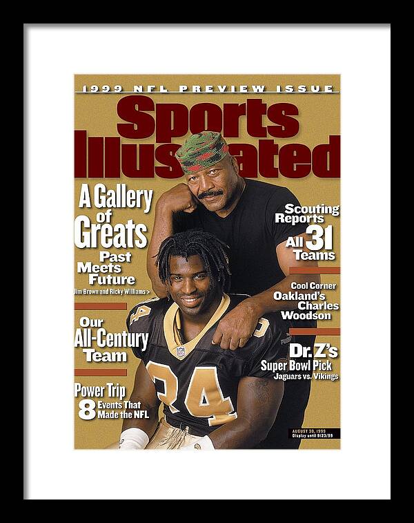 Magazine Cover Framed Print featuring the photograph Jim Brown And New Orleans Saints Ricky Williams, 1999 Nfl Sports Illustrated Cover by Sports Illustrated