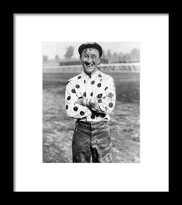 1930-1939 Framed Print featuring the photograph Jockey Jimmy Stout Is Covered With Mud by New York Daily News Archive