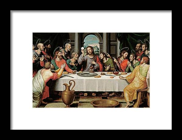 Juan De Juanes Framed Print featuring the painting Juan de Juanes / 'The Last Supper', ca. 1562, Spanish School, Oil on panel, 116 cm x 191 cm, P00846. by Vicente Juan Masip -c 1507-1579-
