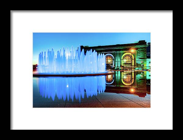 America Framed Print featuring the photograph Kansas City Royal Blue Fountain - Union Station by Gregory Ballos