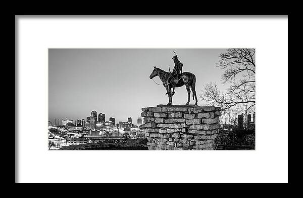 America Framed Print featuring the photograph Kansas City Scout and Skyline Panorama - Black and White by Gregory Ballos