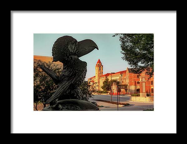 America Framed Print featuring the photograph Kansas Jayhawk Statue and University Skyline by Gregory Ballos