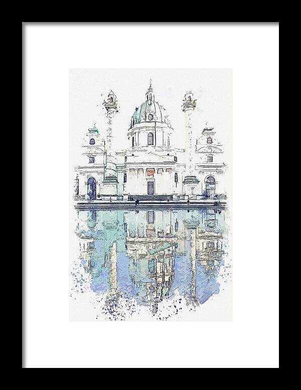 Architecture Framed Print featuring the painting Karlskirche, Vienna, Austria  watercolor by Ahmet Asar by Celestial Images