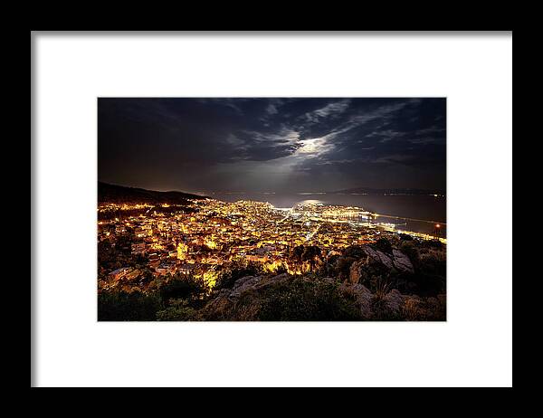 Kavala Framed Print featuring the photograph Kavala Under The Full Moon by Elias Pentikis