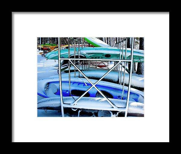 Kayaks Snow Tahoe Framed Print featuring the photograph Kayaks in Snow by Neil Pankler