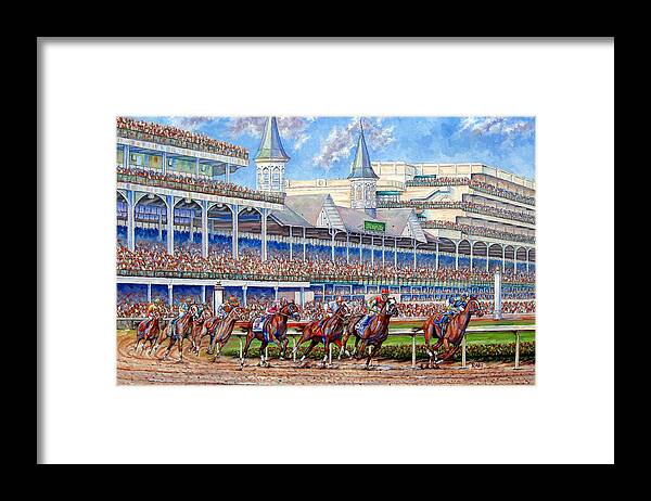 Kentucky Derby Framed Print featuring the painting Kentucky Derby - Leading the Field by Mike Rabe