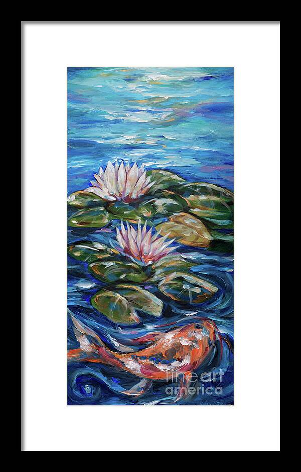 Koi Framed Print featuring the painting Koi with Two Blooms by Linda Olsen