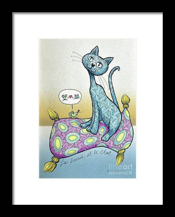 Cat Framed Print featuring the drawing La souris et le chat by Elaine Berger