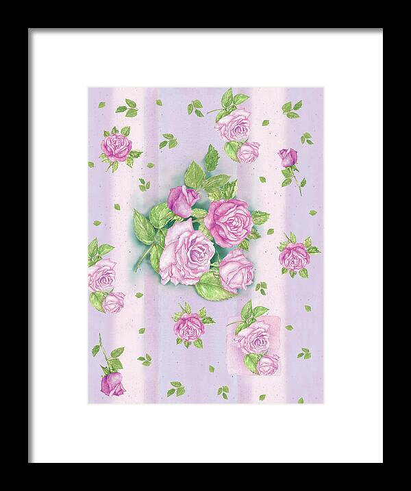 Pink Roses On Lavender Stripes Framed Print featuring the painting La Vie En Rose by Maria Trad