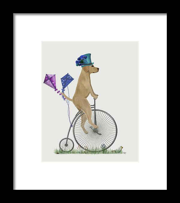 Bicycle Framed Print featuring the painting Labrador Yellow On Penny Farthing by Fab Funky